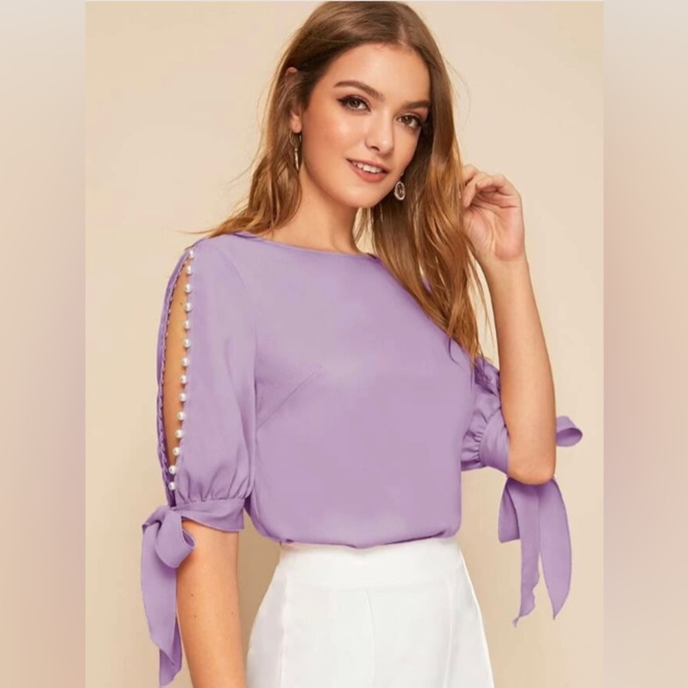 Women’s Purple Pearl Lined Blouse, Tie Up 3/4 Sleeves, Sz Large